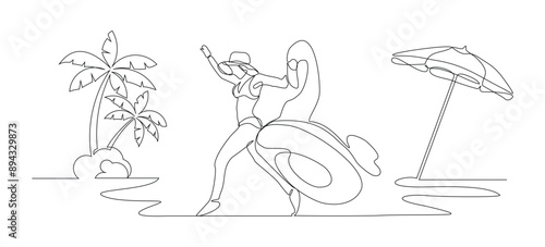 Continuous single line sketch drawing beach vacation summer travel woman with swimming pool inflatable flamingo float toy beach coconut palm tree and umbrella parasol sunshade vector illustration