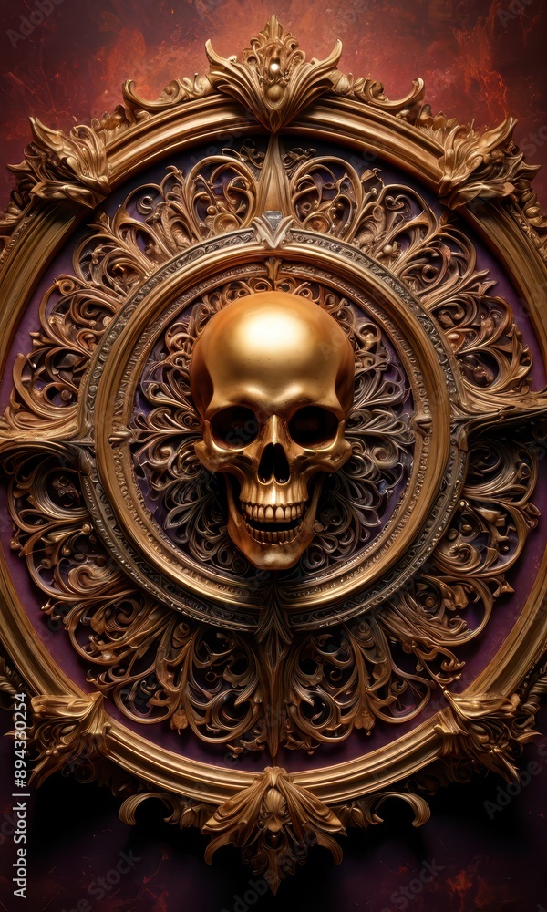 Fototapeta premium Golden Skull in Ornate Frame.