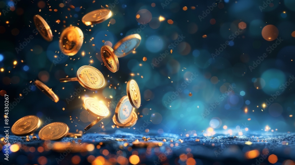 Bitcoin falling on blue bokeh background Bitcoin falling on blue bokeh background