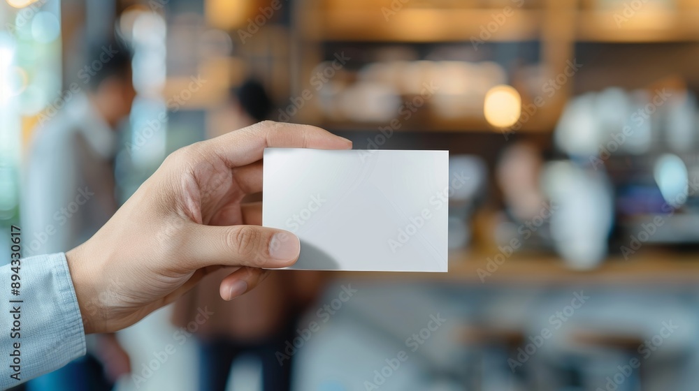 Hand holding blank business card in blurred coffee shop background Hand holding blank business card in blurred coffee shop background