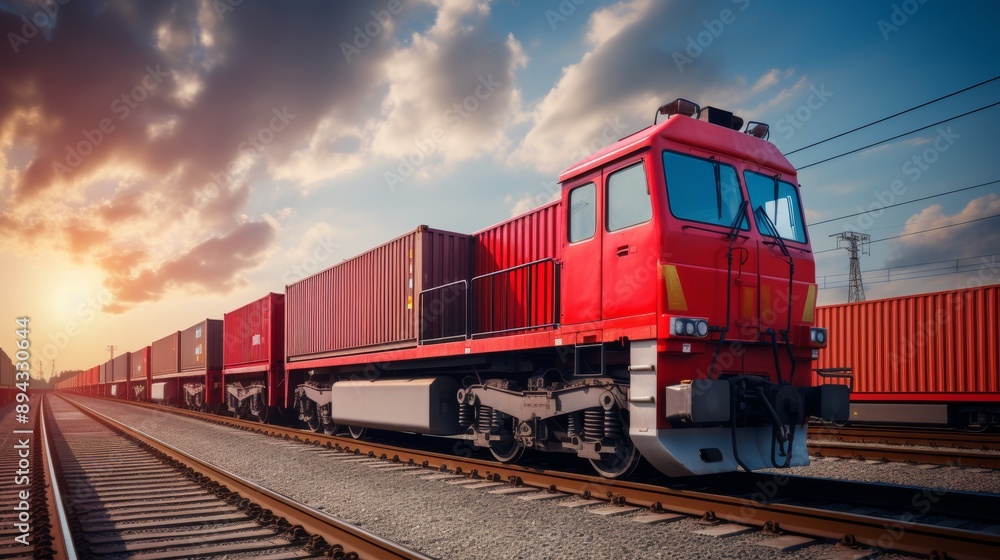 Cargo train with container on top traveling on railway tracks, freight transportation concept