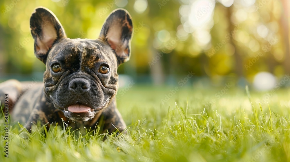 Cute French Bulldog Puppy Looking At Camera In Green Grass Cute French Bulldog Puppy Looking At Camera In Green Grass