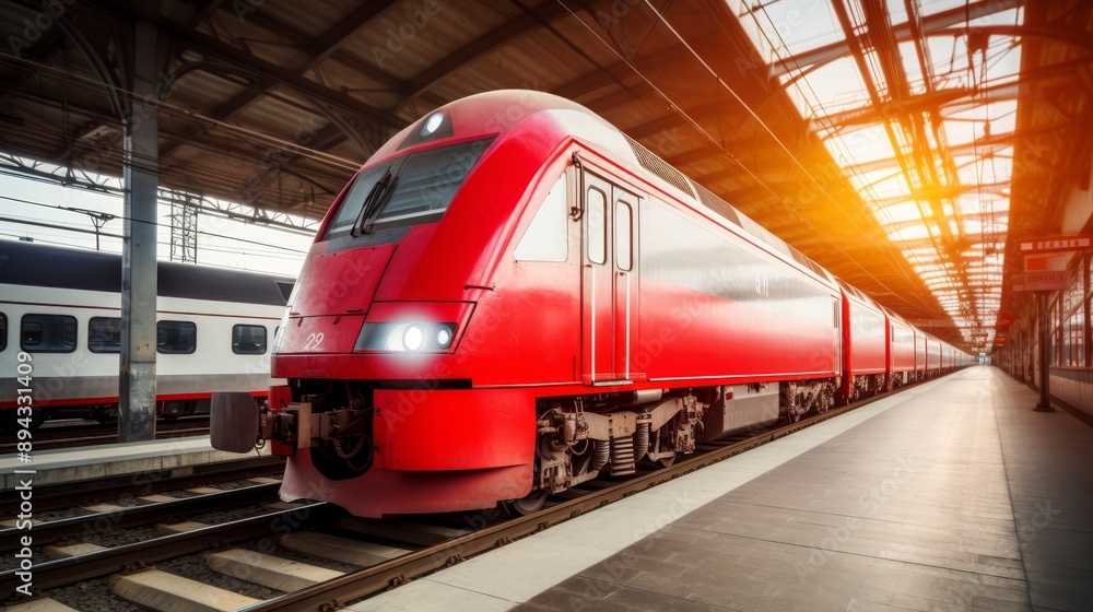 Fototapeta premium Freight train carrying cargo container on railroad track for efficient transportation