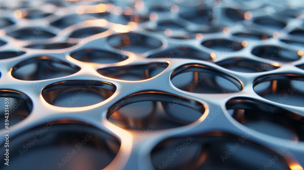 Obraz premium A 3D render of a metallic surface with intricate patterns, reflecting a futuristic cityscape