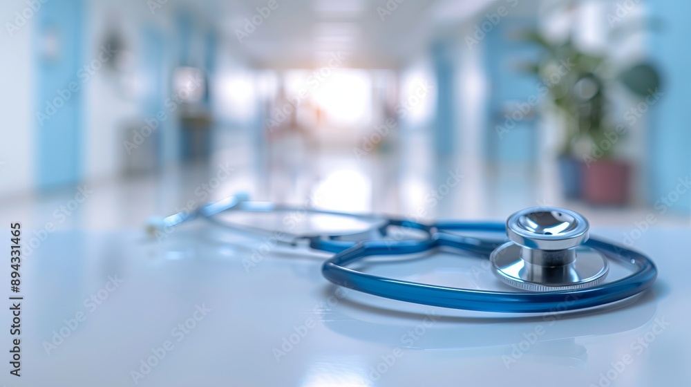 Panoramic close-up of a medical stethoscope on a white blurred background inside a hospital setting, emphasizing healthcare and medical equipment concepts with ample copy space for text, ideal for doc Panoramic close-up of a medical stethoscope on a white blurred background inside a hospital setting, emphasizing healthcare and medical equipment concepts with ample copy space for text, ideal for doc
