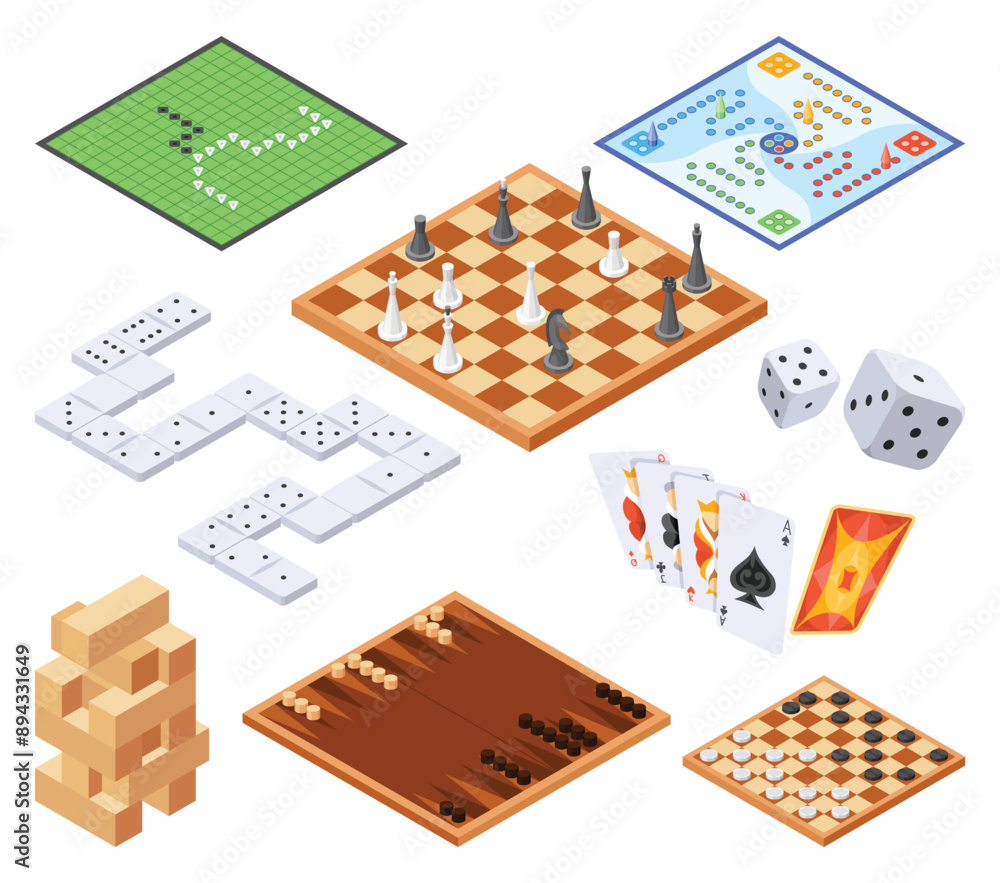 Board games set, flat isometric view. Isolated colored icon backgammon, chess, checkers and domino. Playing cards and dice table gaming. Cartoon family table games for adults and kids Board games set, flat isometric view. Isolated colored icon backgammon, chess, checkers and domino. Playing cards and dice table gaming. Cartoon family table games for adults and kids
