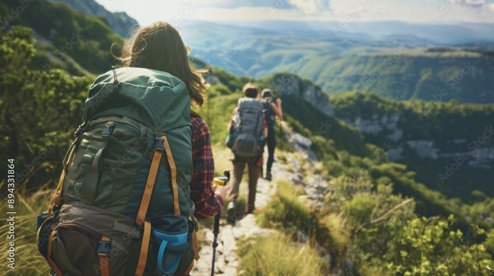 Trail traveler walking on ridge path Backpacking in nature outdoor climbing adventure