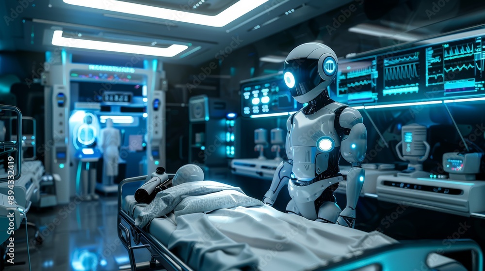 A futuristic medical facility with advanced robotic surgeons and augmented reality diagnostics, highlighting the next level of healthcare technology A futuristic medical facility with advanced robotic surgeons and augmented reality diagnostics, highlighting the next level of healthcare technology