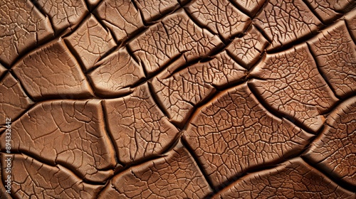 A highly detailed image of a cracked leather surface, highlighting the texture, grain, and natural wear of the material photo