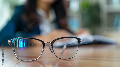 Close-up of glasses lying on a desk in the office, with a blurred silhouette of a businesswoman in the background. Employee workspace, technology and workplace inside a building. 