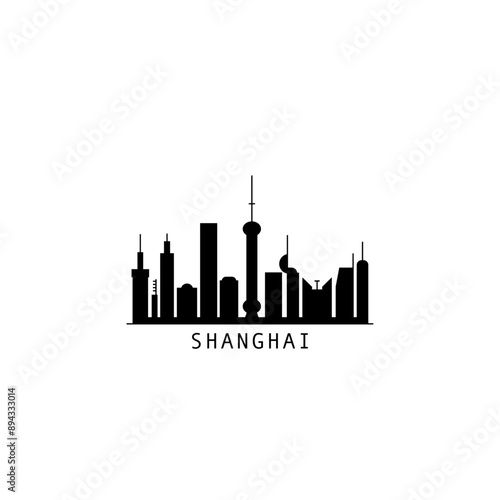 Shanghai skyline city panorama vector flat modern logo, icon. China megapolis horizon emblem with landmarks and building silhouettes. Isolated graphic 