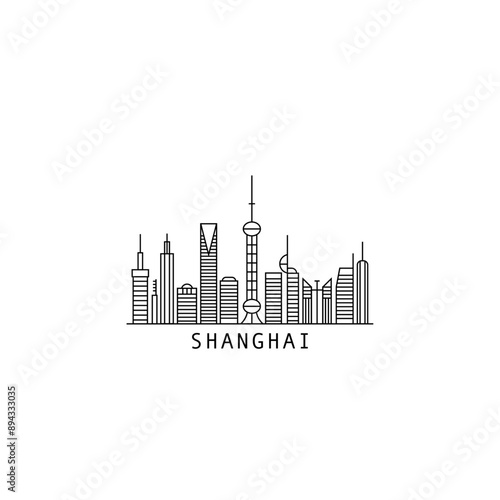 Photography Shanghai skyline city panorama vector flat modern logo, icon