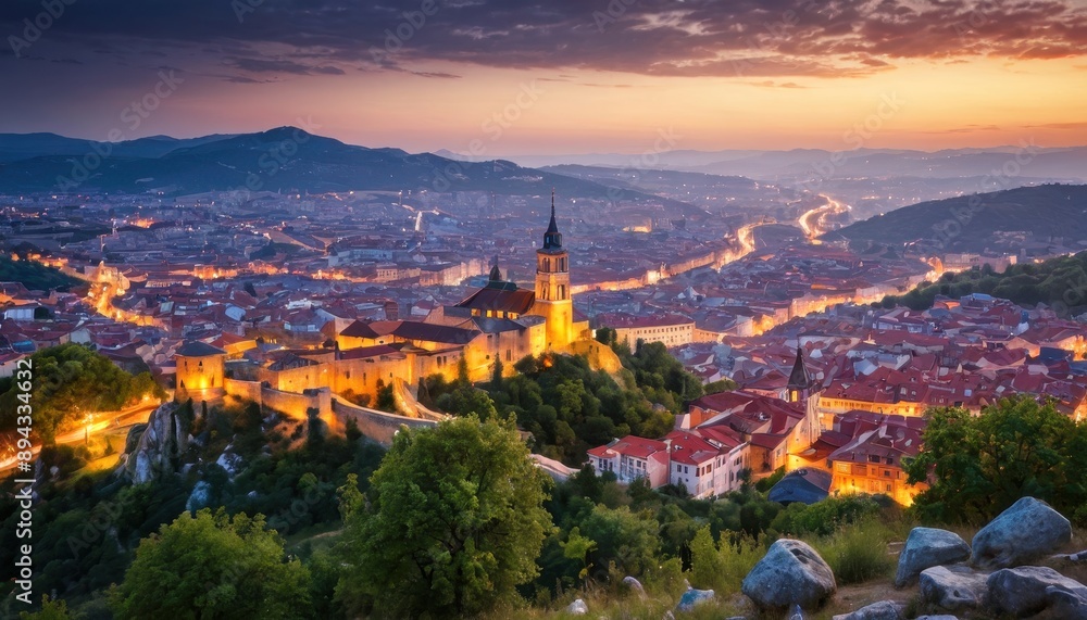 Naklejka premium Cityscape at Dusk with Church Spire.