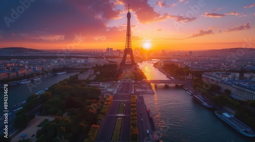 Eiffel Tower silhouette at sunset over Paris skyline.  Purple and Orage background. Summer Olympic Paris 2024, For artwork of leaflet, and poster design, wall art space,  website, and media decor,  photo