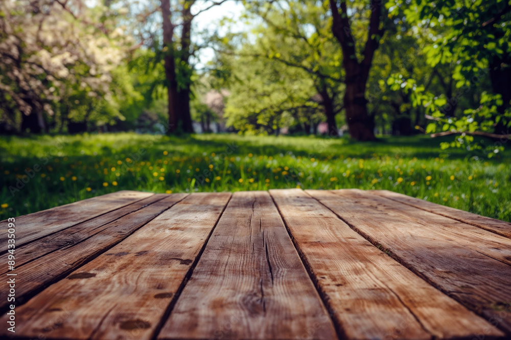 Empty wooden tabletop standing on a blurred green meadow background on a sunny day Empty wooden tabletop standing on a blurred green meadow background on a sunny day