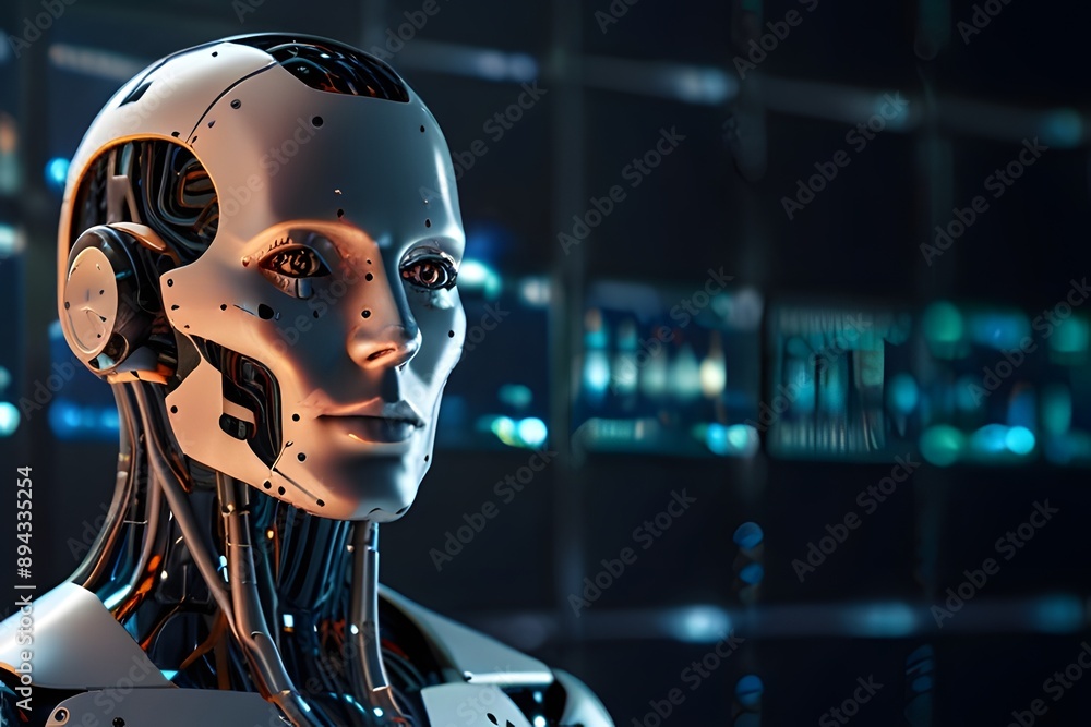 Cyberpunk AI Bot with Glowing Face: High-Tech Robotics and Advanced Artificial Intelligence for Sci-Fi Illustrations and Futuristic Designs Cyberpunk AI Bot with Glowing Face: High-Tech Robotics and Advanced Artificial Intelligence for Sci-Fi Illustrations and Futuristic Designs
