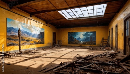 Abandoned Building Interior with Skylight and Paintings.