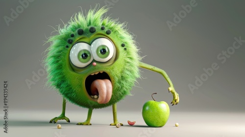 Green Furry Monster Reaching for an Apple