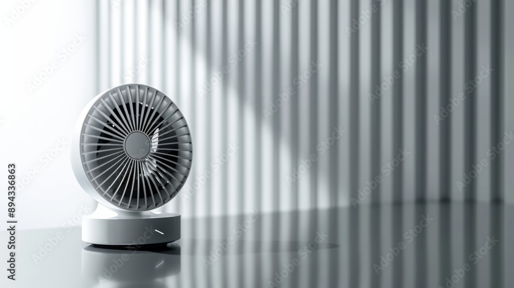 A compact and stylish portable fan, placed on a reflective surface with a clean, minimalistic background A compact and stylish portable fan, placed on a reflective surface with a clean, minimalistic background