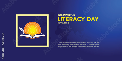 Vector Illustration of International literacy day. 8 September. Open book and scattered letters, graphs, shapes and symbols.
