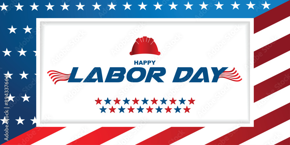 Fototapeta premium Happy labor day USA celebration vector illustration with american flag, and map. with editable text effect. 100% can be canged. good for banner, poster, flyer, social media post template, ETC