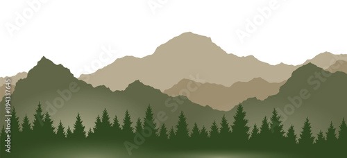 Foggy mountains landscape background. Smoky and rocky panorama with mountains skyline and pine tree forest silhouettes. Scenery with slopes, vector cartoon illustration