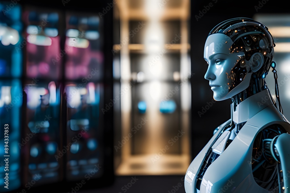 AI robot with futuristic design in a tech-savvy environment, illustrating the capabilities and advancements in robotics and artificial intelligence. AI robot with futuristic design in a tech-savvy environment, illustrating the capabilities and advancements in robotics and artificial intelligence.