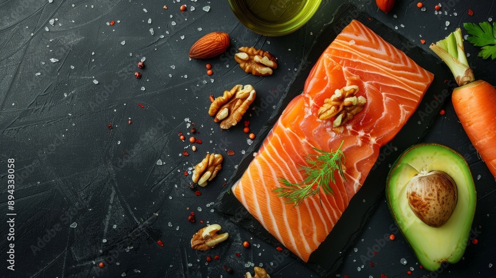 Fresh Raw Salmon Fillet With Health Ingredients on Black Slate Background. High-quality food photography. Ideal for nutrition, healthy eating, and cooking-related content. AI Fresh Raw Salmon Fillet With Health Ingredients on Black Slate Background. High-quality food photography. Ideal for nutrition, healthy eating, and cooking-related content. AI