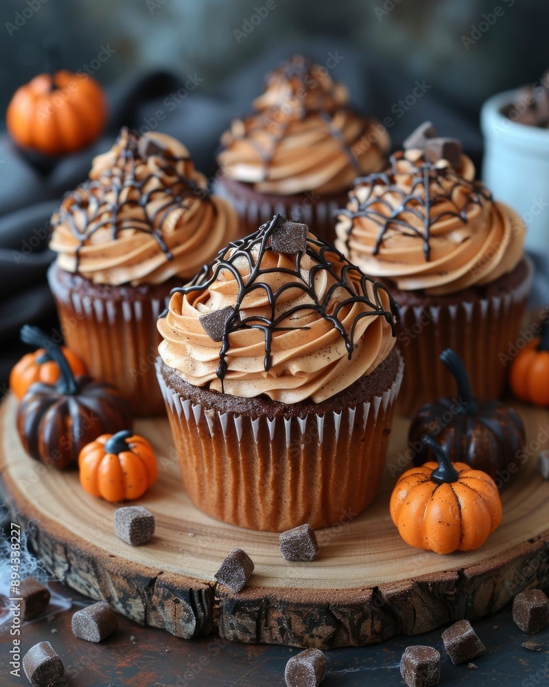 cupcakes with cream and chocolate decoration for Halloween on blurred background with pumpkins. sweet snacks, themed party food. cupcakes with cream and chocolate decoration for Halloween on blurred background with pumpkins. sweet snacks, themed party food.