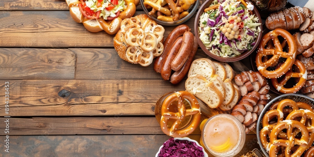 Traditional Oktoberfest food spread on wooden table Traditional Oktoberfest food spread on wooden table