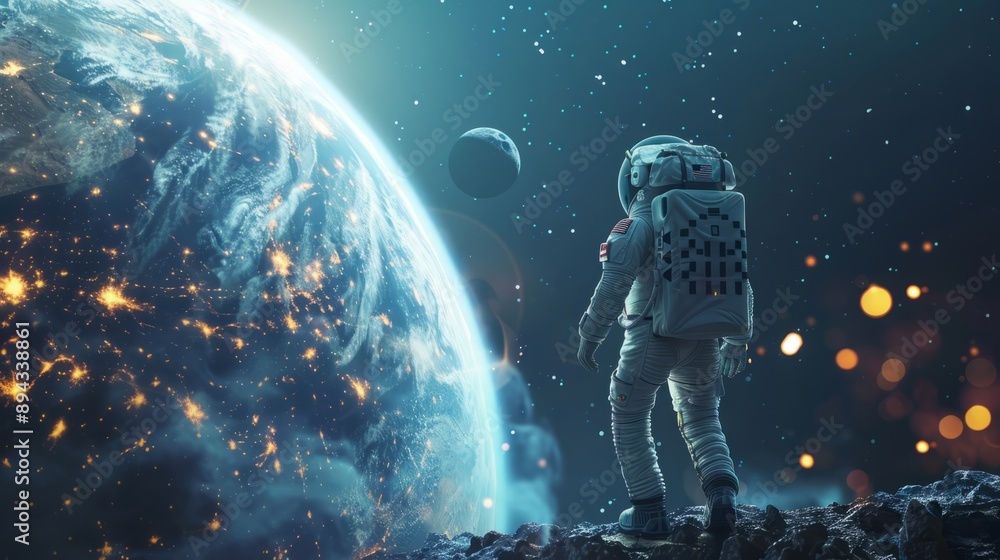 Futuristic business concept: spaceman floating in space with a distant planet, symbolizing innovation and exploration in human space trave Futuristic business concept: spaceman floating in space with a distant planet, symbolizing innovation and exploration in human space trave