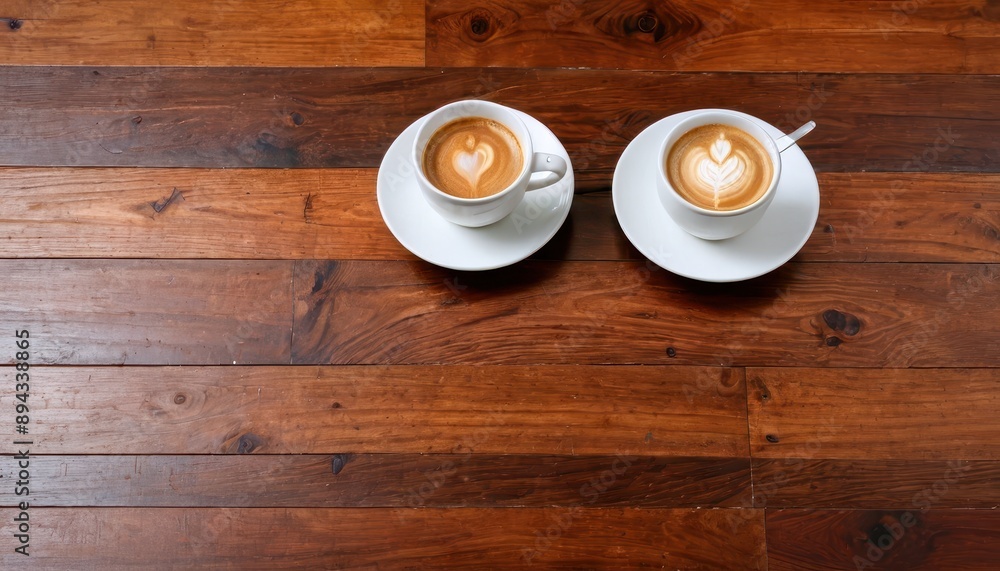 Two Cups of Latte Art on Wooden Table. Two Cups of Latte Art on Wooden Table.