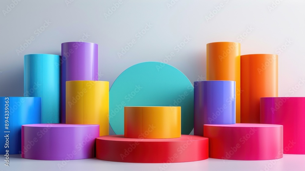 A group of 3D podiums in bright primary colors, arranged in a visually striking, symmetrical design, set against a white background A group of 3D podiums in bright primary colors, arranged in a visually striking, symmetrical design, set against a white background
