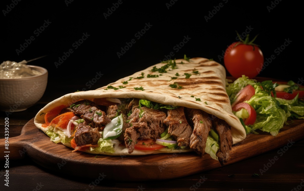 Deliciously grilled meat kebab served in warm flatbread garnished with fresh herbs and vegetables on wooden board against a dark backdrop Deliciously grilled meat kebab served in warm flatbread garnished with fresh herbs and vegetables on wooden board against a dark backdrop