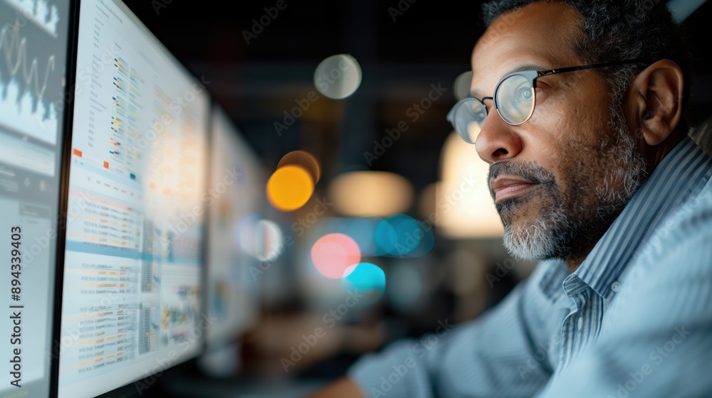 Focused Programmer Analyzing Data on Screen. Focused programmer with glasses analyzing complex data on a computer screen in a dimly lit office environment. Focused Programmer Analyzing Data on Screen. Focused programmer with glasses analyzing complex data on a computer screen in a dimly lit office environment.