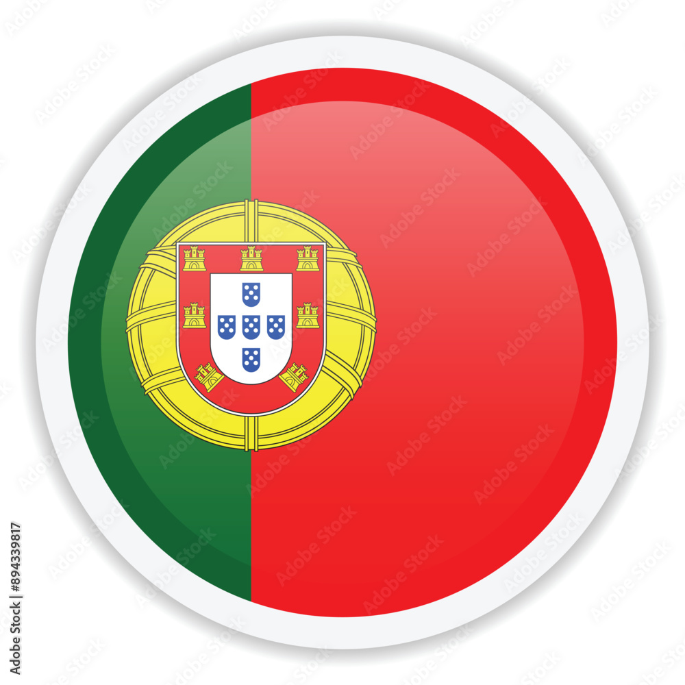 Glossy flag of Portugal isolated on white background. Round vector icon with shadow underneath. Icon for mobile apps, UI and web design Glossy flag of Portugal isolated on white background. Round vector icon with shadow underneath. Icon for mobile apps, UI and web design