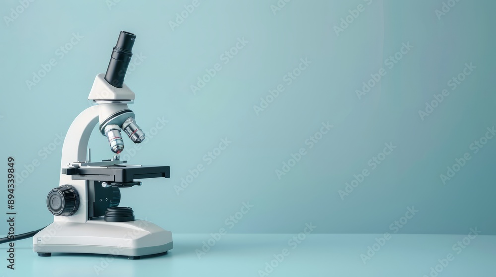 Stethoscope and microscope for medical diagnosis in clinic or hospital on light blue background - science and healthcare concept Stethoscope and microscope for medical diagnosis in clinic or hospital on light blue background - science and healthcare concept