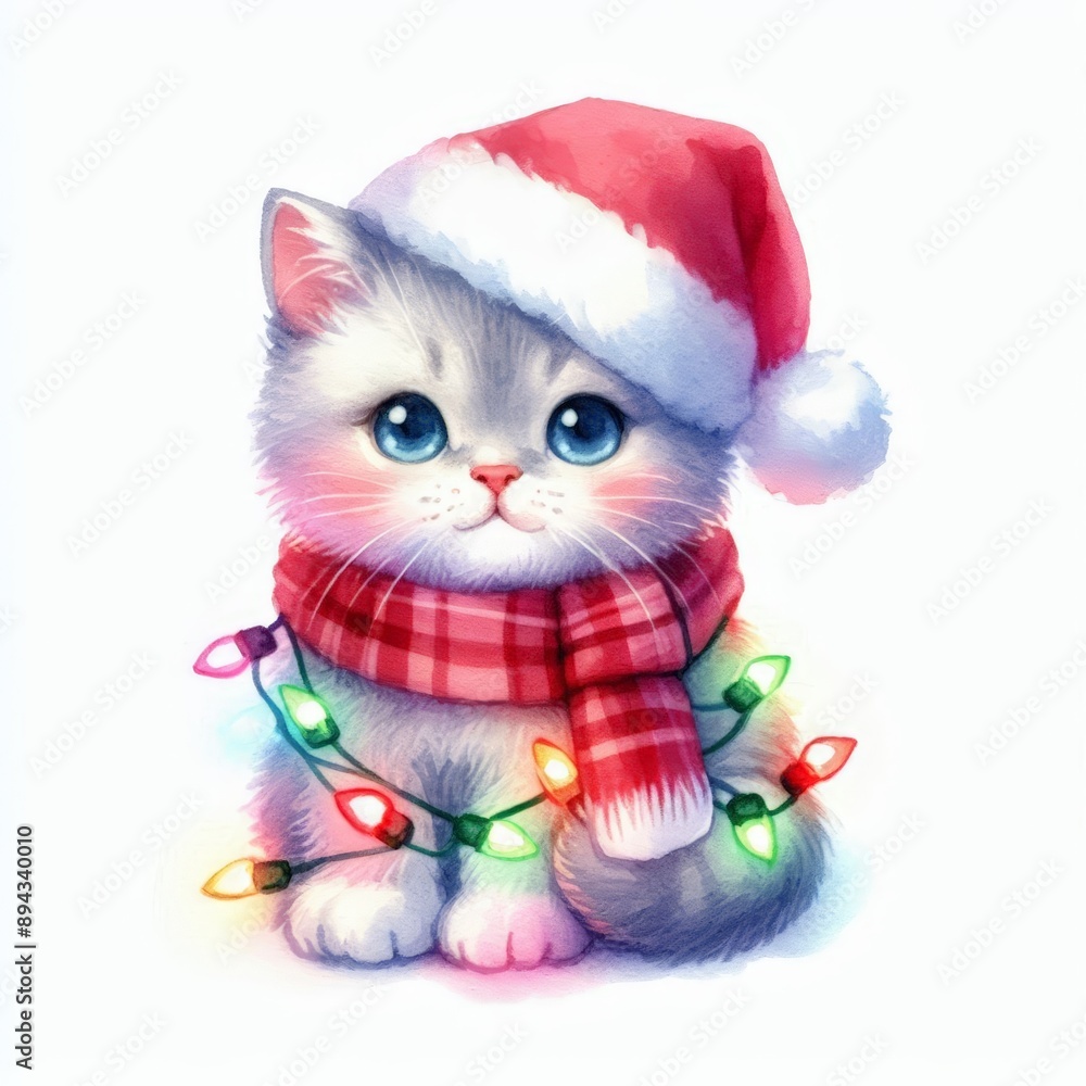 Cute kitten wearing a Santa hat and scarf, surrounded by Christmas lights. Cute kitten wearing a Santa hat and scarf, surrounded by Christmas lights.
