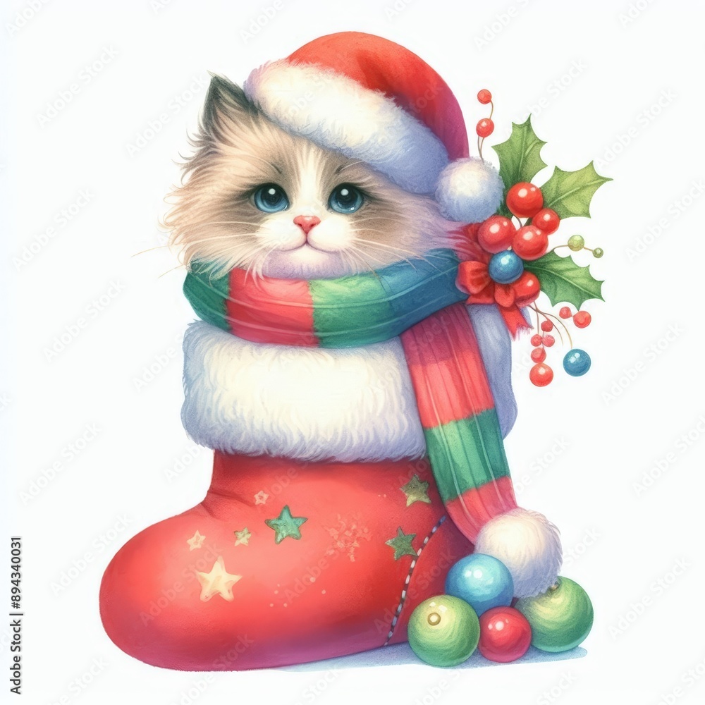 Cute kitten wearing a Santa hat and scarf, peeking out of a Christmas stocking. Cute kitten wearing a Santa hat and scarf, peeking out of a Christmas stocking.