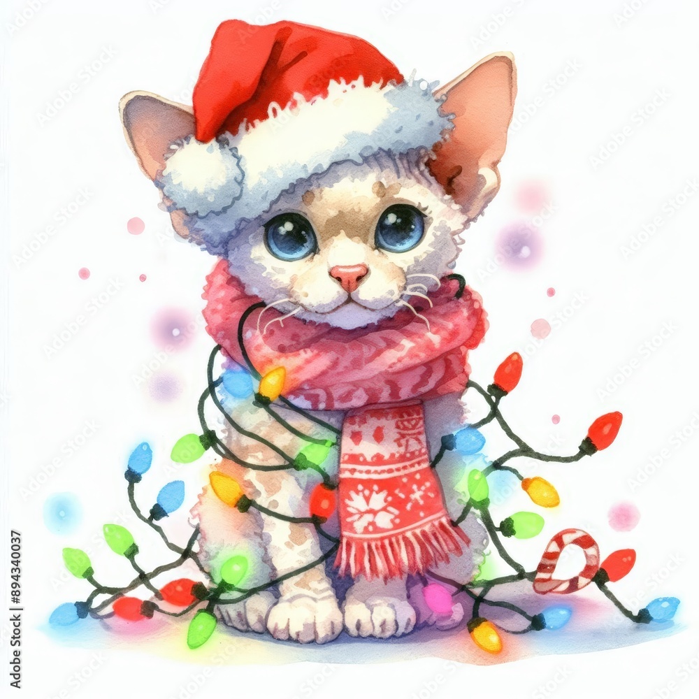 Cute kitten wearing a Santa hat and scarf, tangled in colorful Christmas lights, capturing the festive holiday spirit. Cute kitten wearing a Santa hat and scarf, tangled in colorful Christmas lights, capturing the festive holiday spirit.