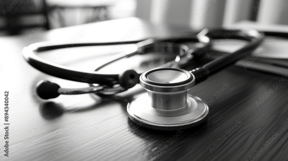 Close-up of a stethoscope on a medical doctor's desk with blank prescription pad and pen, emphasizing healthcare and medical consultation concepts in a clinical setting Close-up of a stethoscope on a medical doctor's desk with blank prescription pad and pen, emphasizing healthcare and medical consultation concepts in a clinical setting
