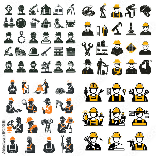 A collection of black and white icons of construction workers and tools
