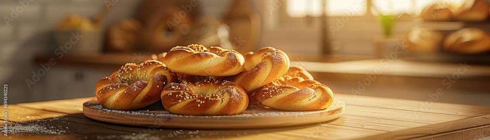 A close-up of freshly baked golden brown pretzels sprinkled with salt, displayed on a wooden board in a warm, sunlit kitchen. A close-up of freshly baked golden brown pretzels sprinkled with salt, displayed on a wooden board in a warm, sunlit kitchen.