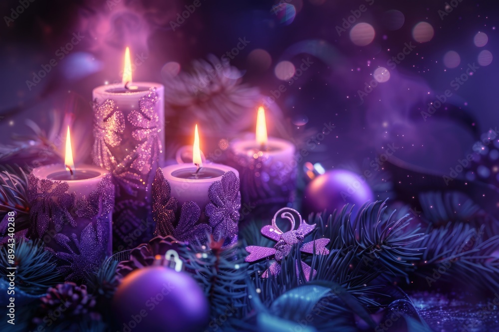 Advent Four Purple Candles With Christmas Ornament In Shiny Night Advent Four Purple Candles With Christmas Ornament In Shiny Night