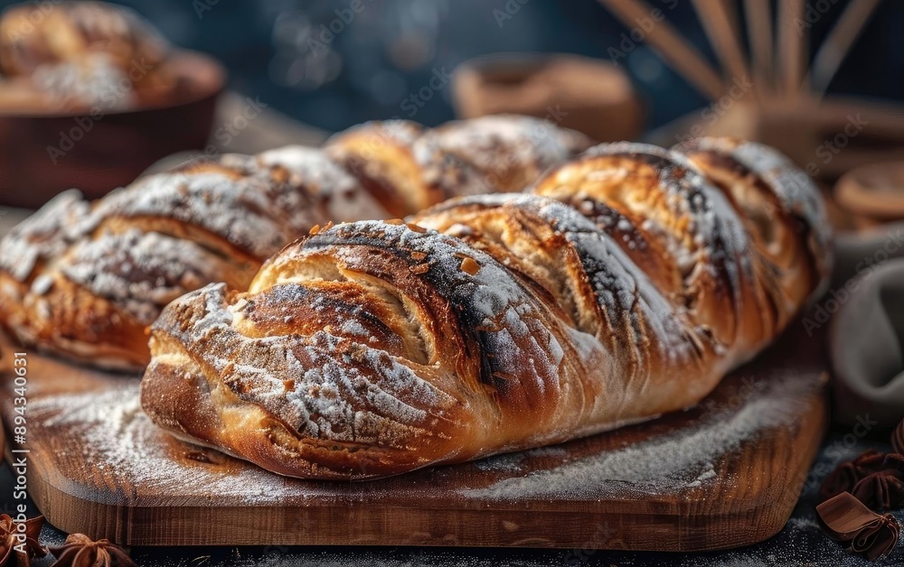 Freshly baked braided bread dusted with powdered sugar on a wooden board, surrounded by spices and rustic elements, perfect for culinary themes. Freshly baked braided bread dusted with powdered sugar on a wooden board, surrounded by spices and rustic elements, perfect for culinary themes.