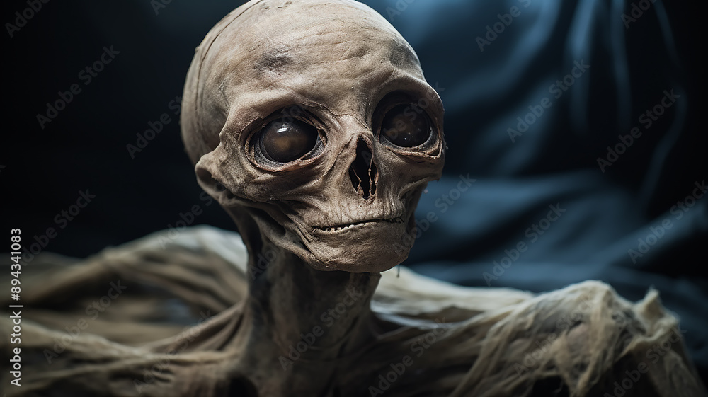 the mummy of an alien, a fantastic invented plot. the skull and remains of a humanoid alien creature the mummy of an alien, a fantastic invented plot. the skull and remains of a humanoid alien creature