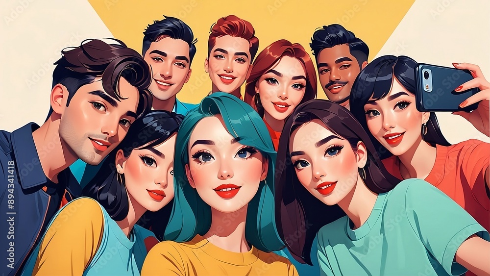 People Group Taking Selfie Photo Friends Illustration People Group Taking Selfie Photo Friends Illustration