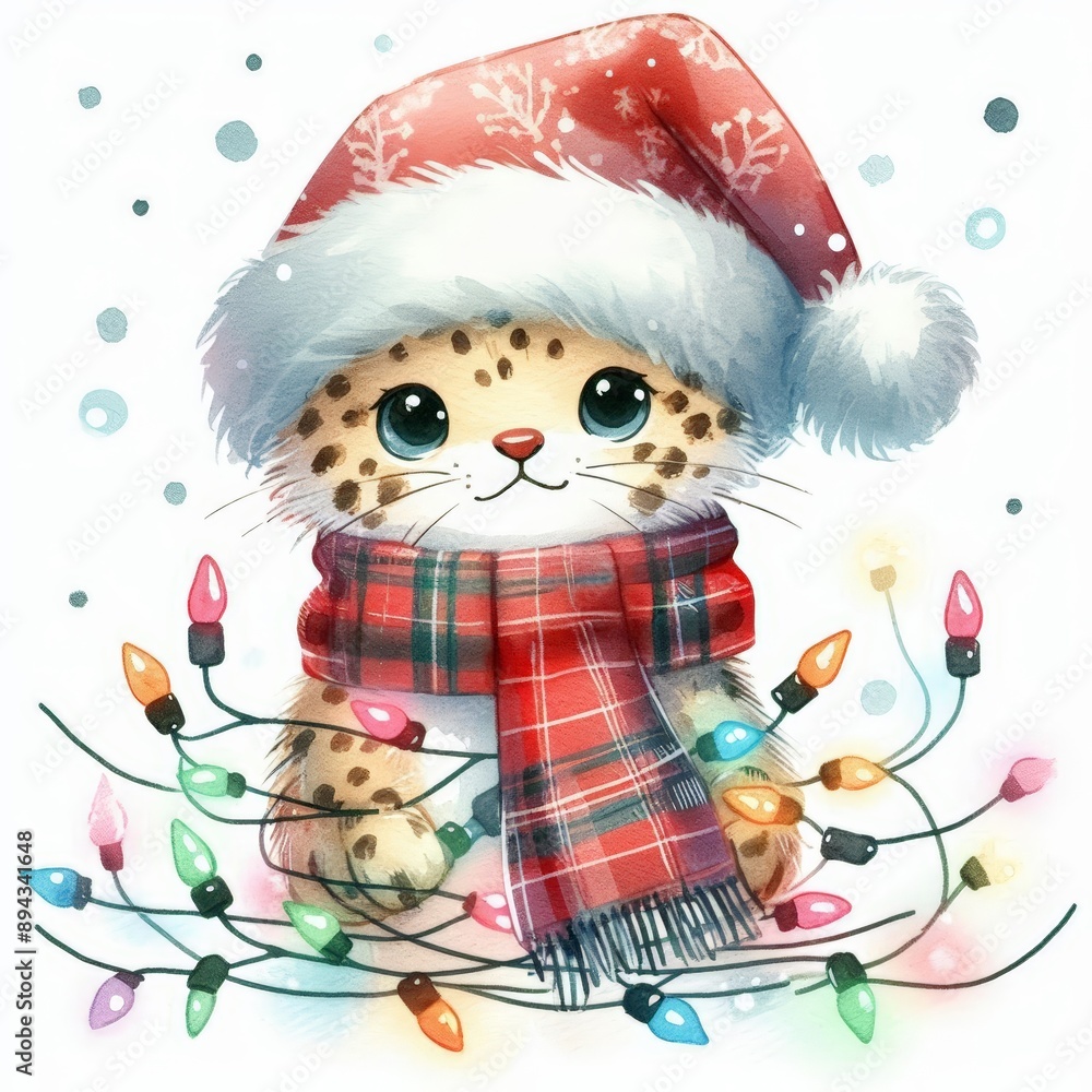 Cute leopard cub wearing a Santa hat and scarf, surrounded by colorful Christmas lights. Cute leopard cub wearing a Santa hat and scarf, surrounded by colorful Christmas lights.
