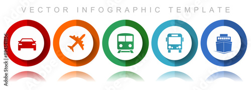 Transport vector icon collection, miscellaneous icons such as car, plane, train, bus and ship, flat design infographic template in eps 10