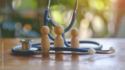 Stethoscope with small wooden family member figures on doctor's table in clinic or hospital, illustrating medicine, family health care, and regular checkups, with blurred background for medical text photo